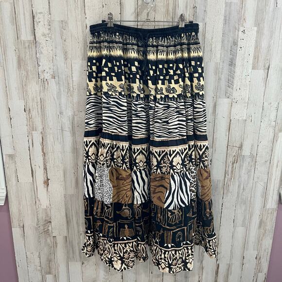 Vintage White Stag Tribal Tiered Animal Print Maxi Skirt Flowy Boho Western Med - Picture 1 of 8